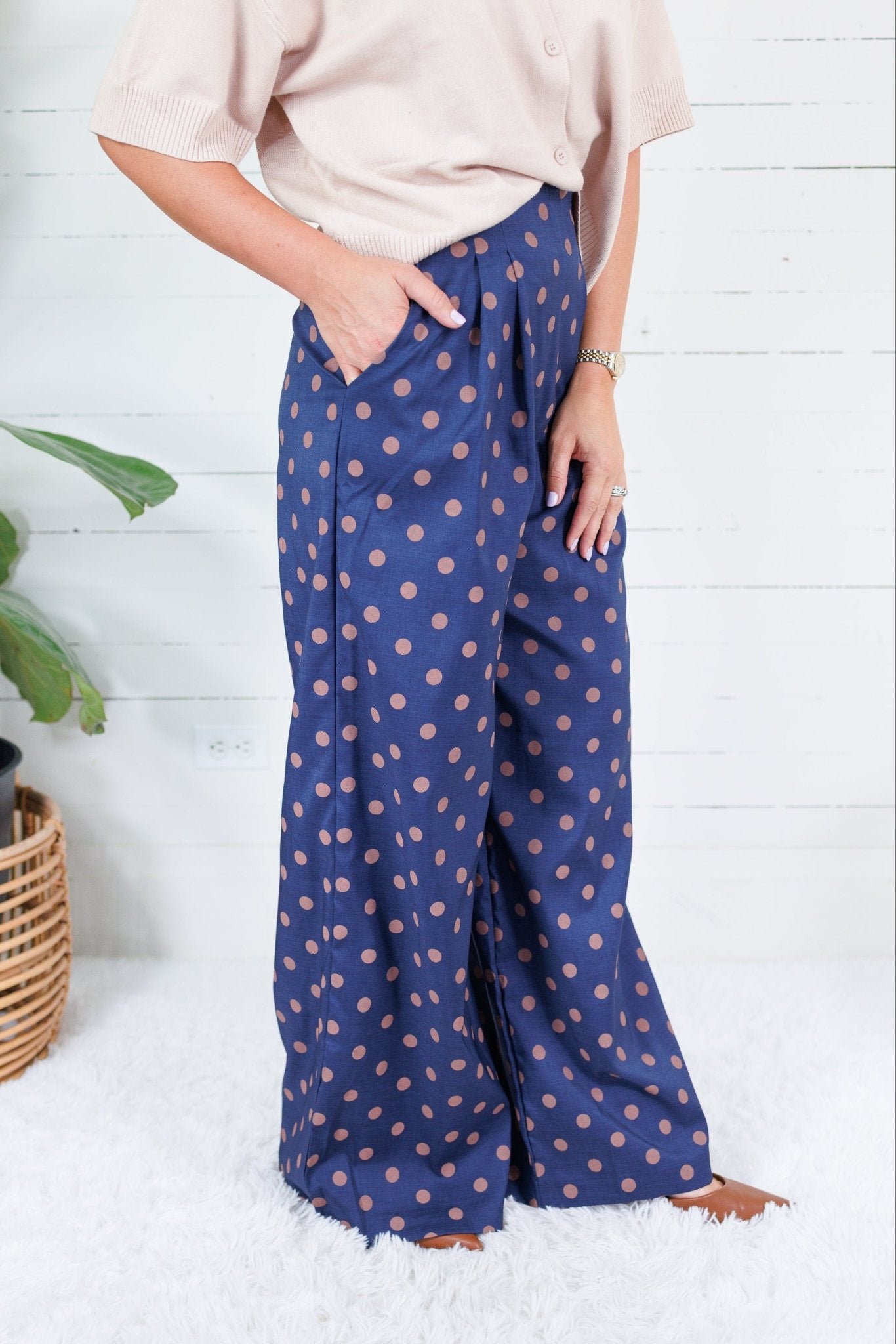 Milan Navy + Sienna Dotty Pleated Wide Pants Glam