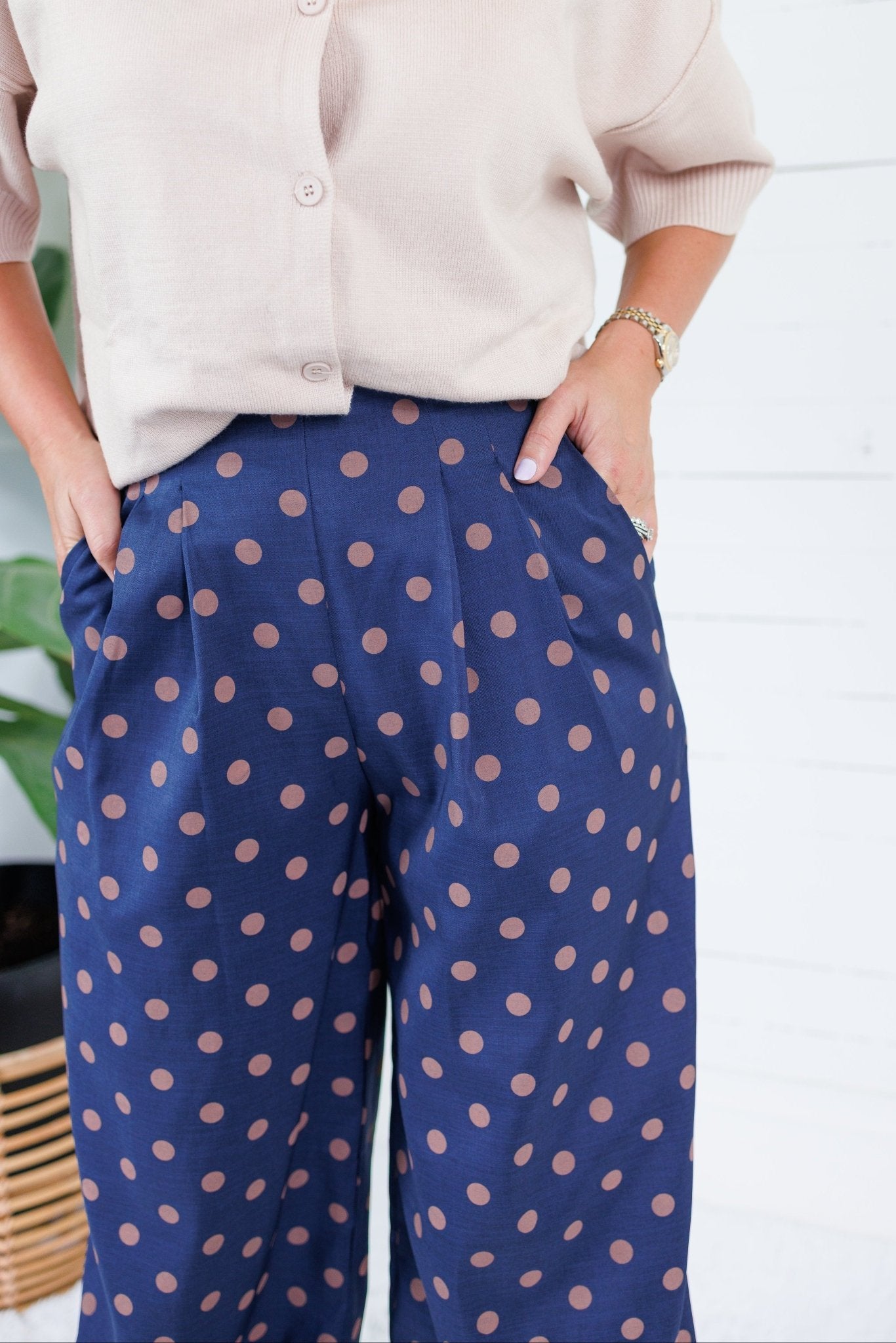 Milan Navy + Sienna Dotty Pleated Wide Pants Glam