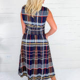 Mona Navy Plaid Zip Front Maxi Dress THML