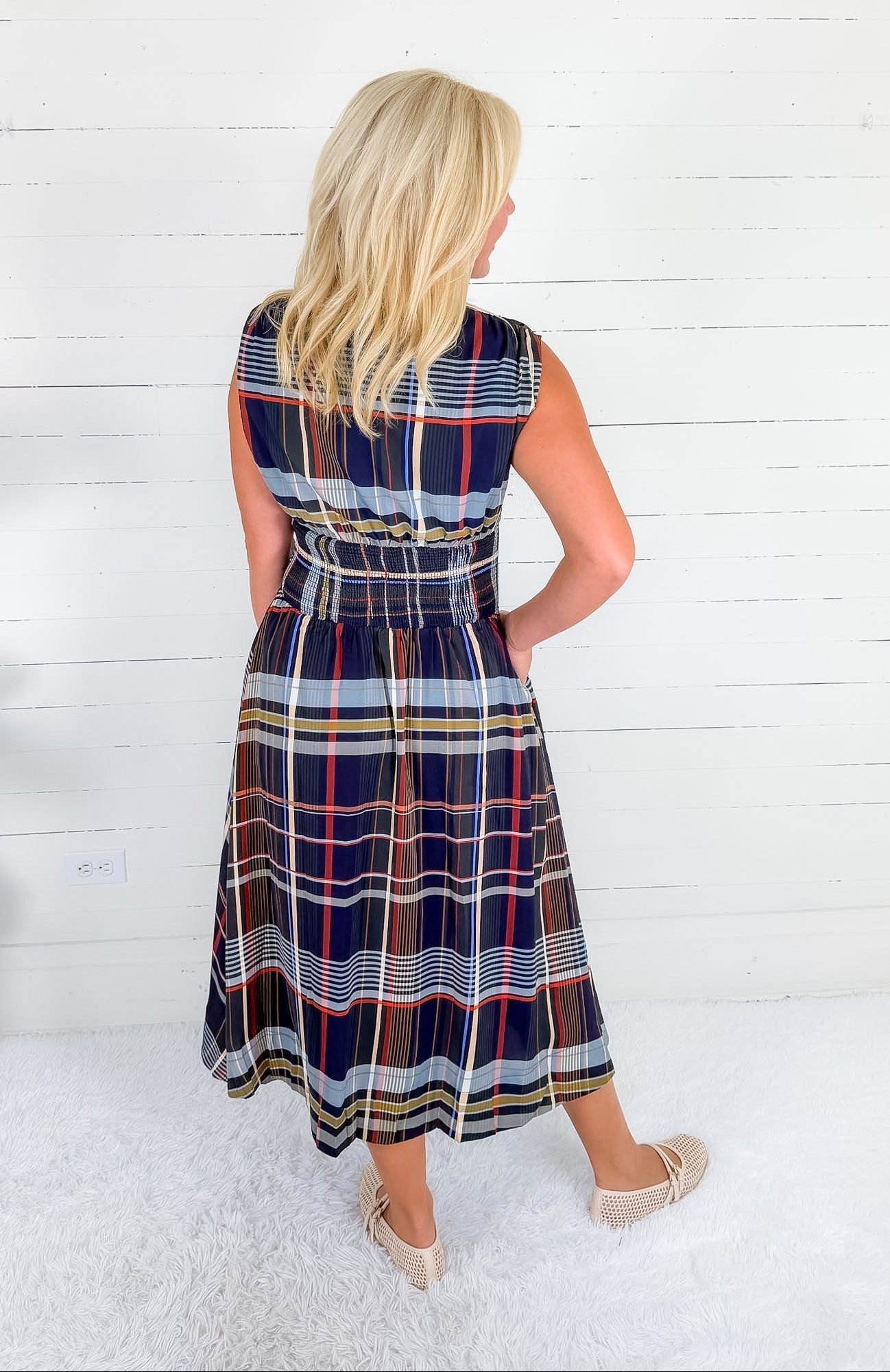 Mona Navy Plaid Zip Front Maxi Dress THML