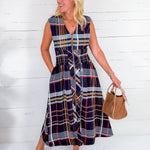 Mona Navy Plaid Zip Front Maxi Dress THML