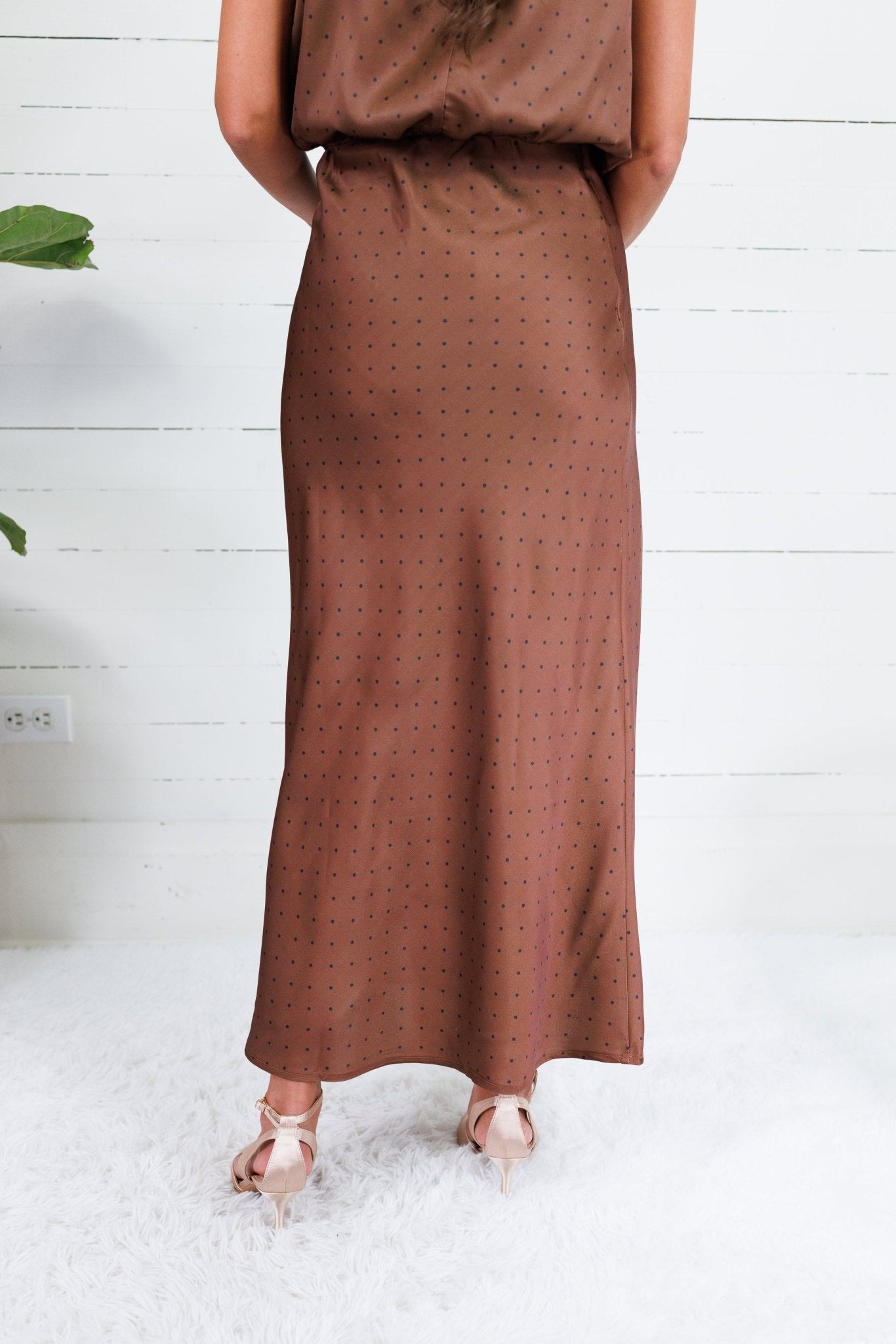 Montgomery Mocha Polka Dot Satin Skirt Glam