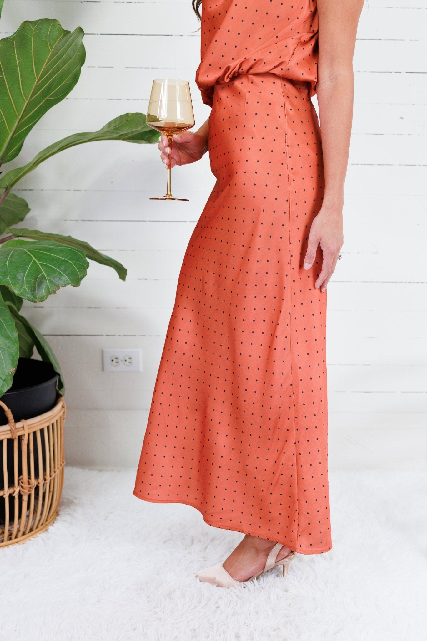 Montgomery Rust Polka Dot Satin Skirt Glam