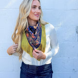 Navy Crane + Floral Print Fringe Scarf
