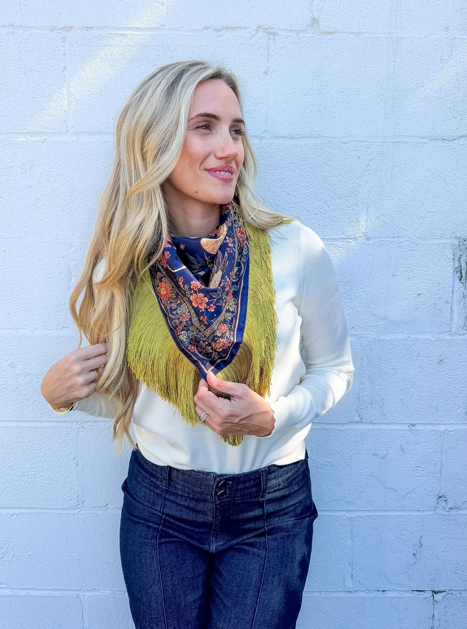 Navy Crane + Floral Print Fringe Scarf