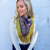 Navy Crane + Floral Print Fringe Scarf