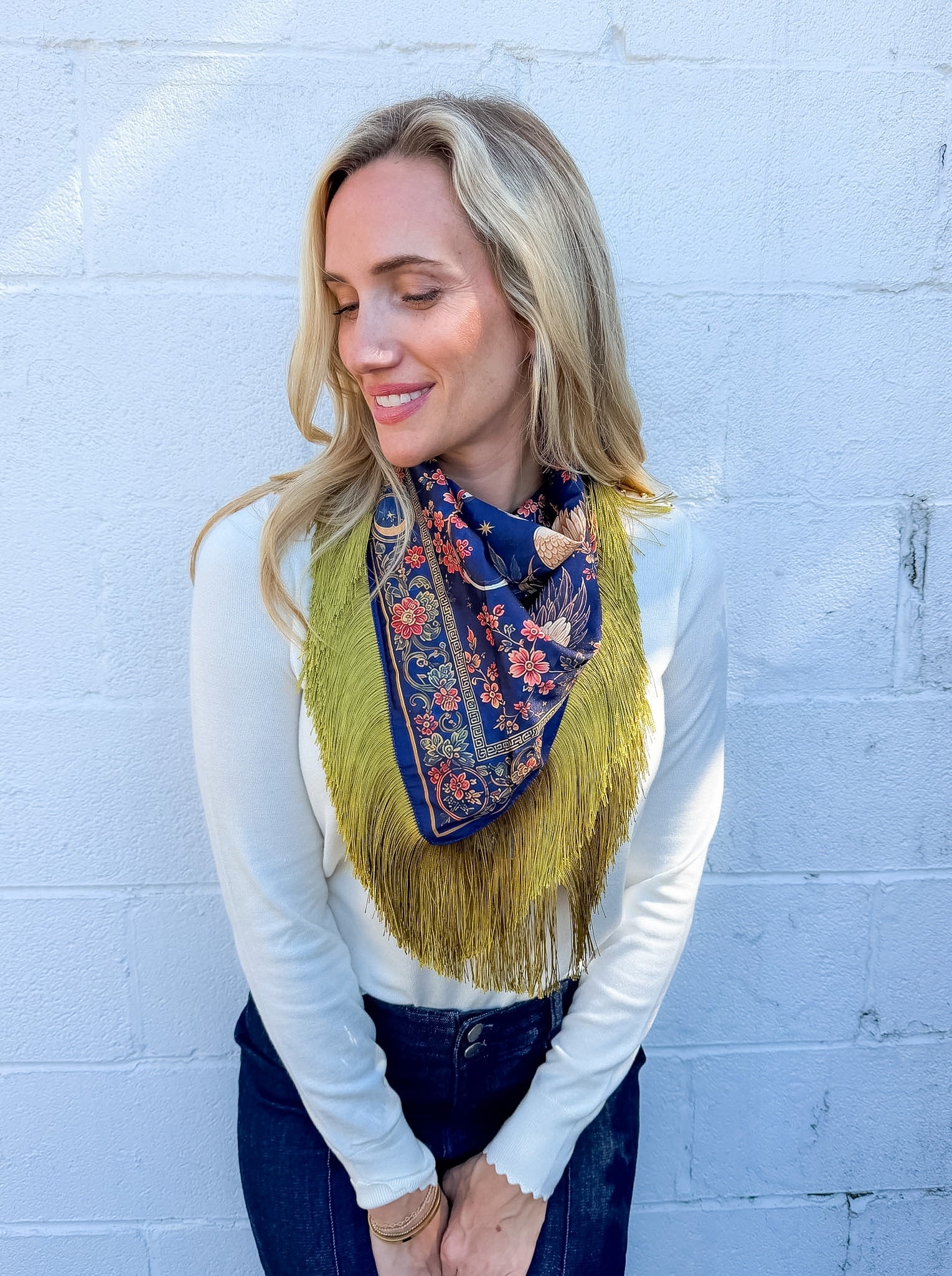 Navy Crane + Floral Print Fringe Scarf