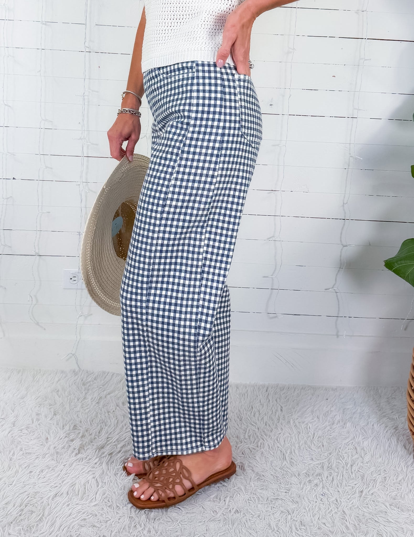 Neely Navy Gingham Wide Leg Jean Just Black Denim
