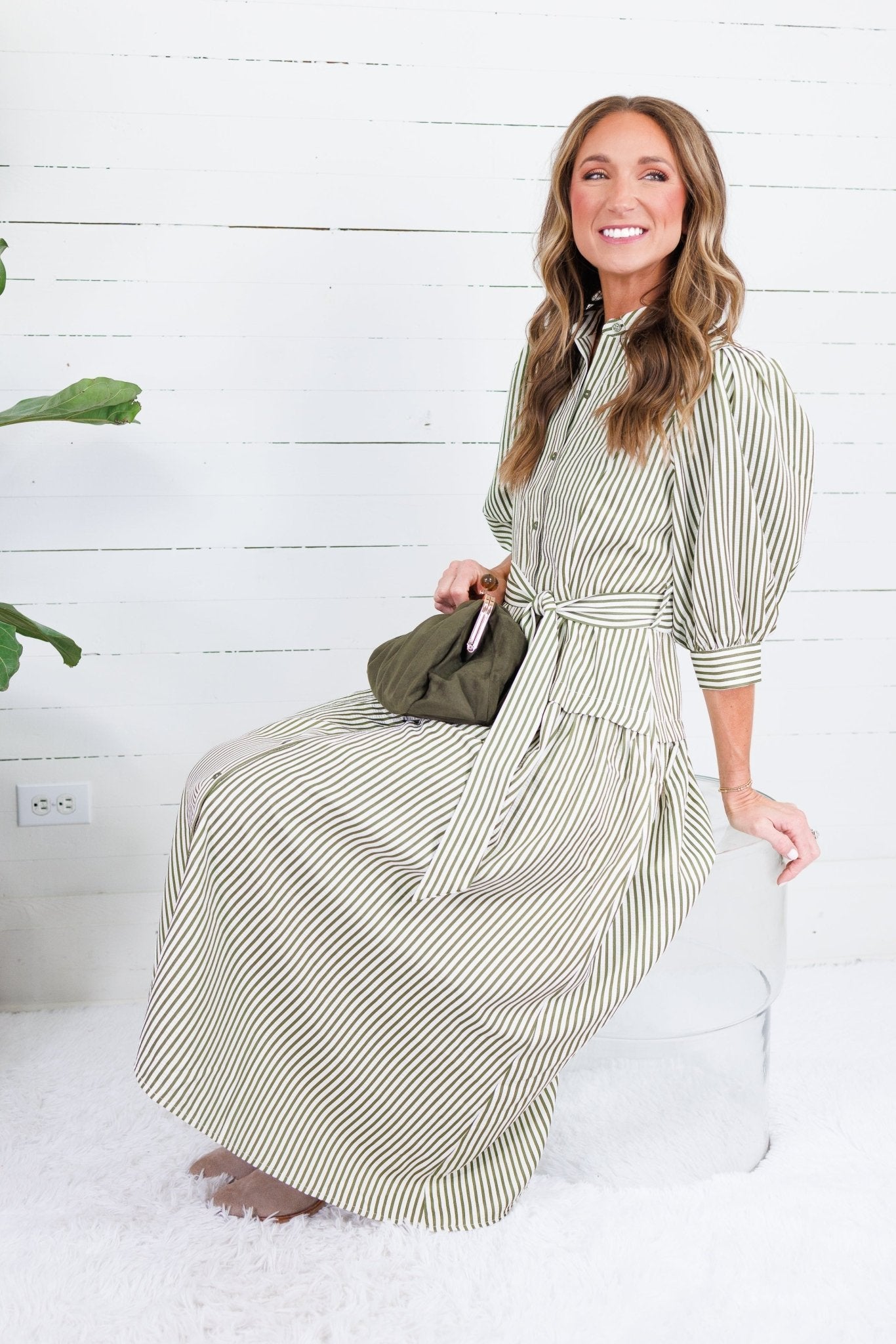 Neville Olive Striped Maxi Shirt Dress Entro