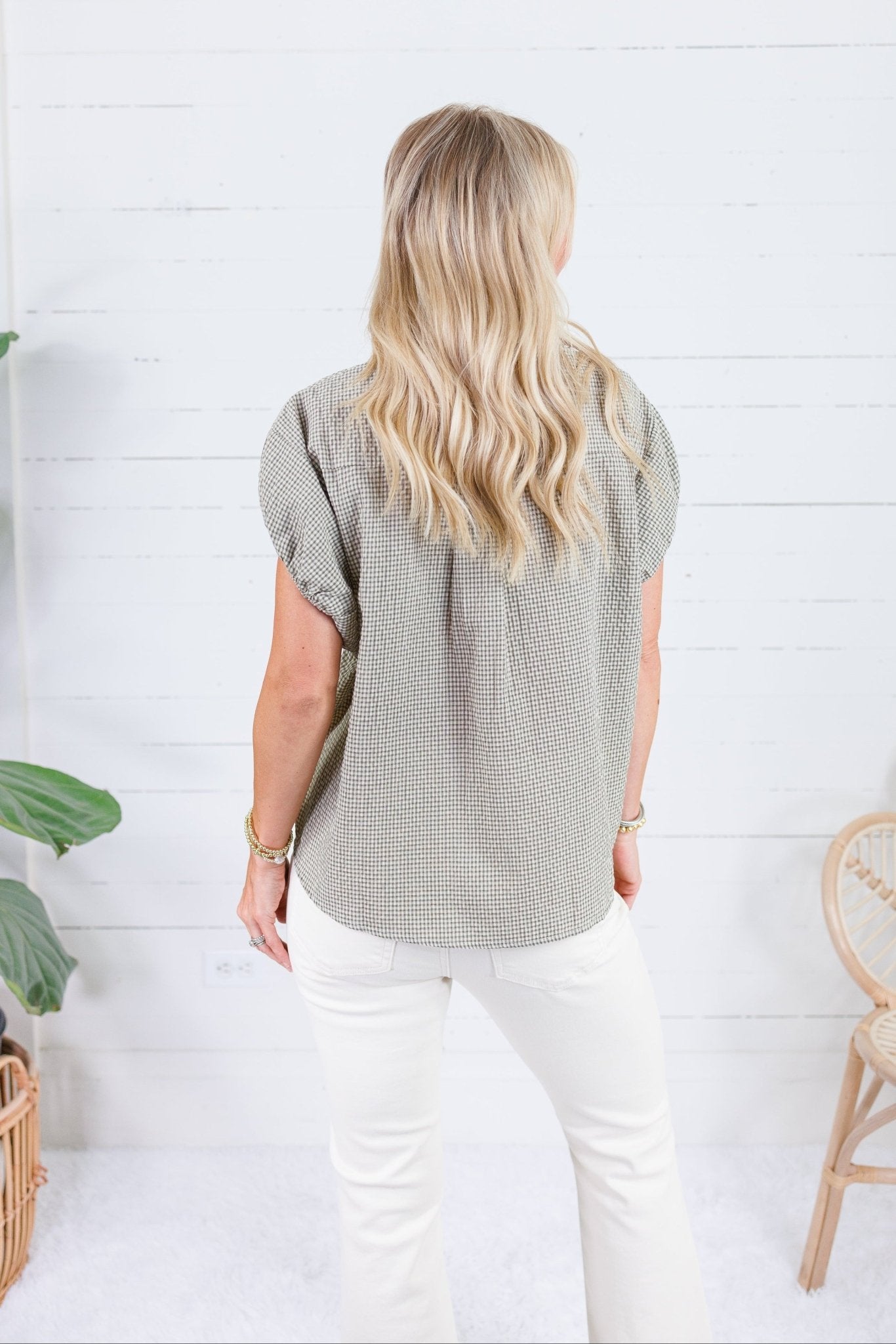 Olly Olive + Ecru Micro Plaid Top