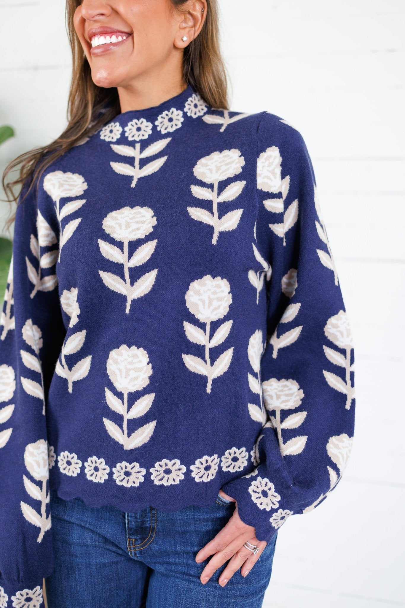 O'Malley Navy Flower Turtleneck Sweater THML