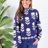 O'Malley Navy Flower Turtleneck Sweater THML