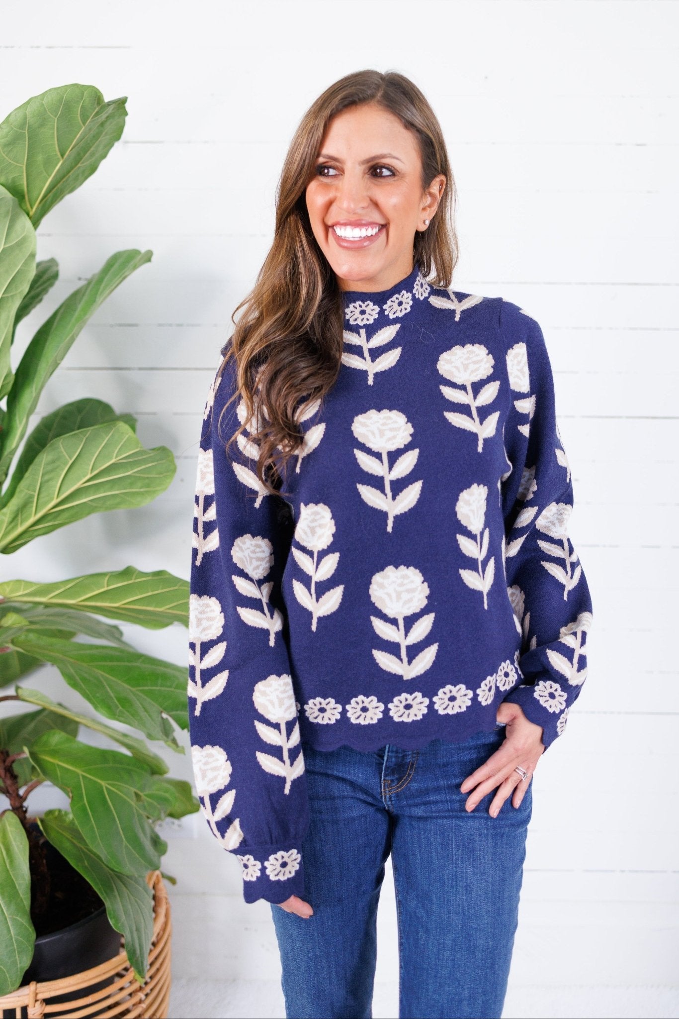 O'Malley Navy Flower Turtleneck Sweater THML