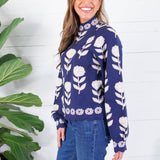 O'Malley Navy Flower Turtleneck Sweater THML