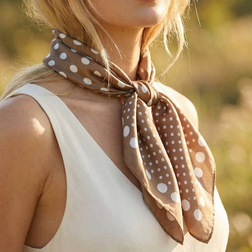 Woman wearing a brown polka dot scarf with a blurred natural background