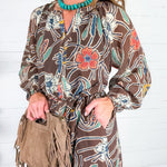 Opal Brown Stylized Floral Midi Dress THML