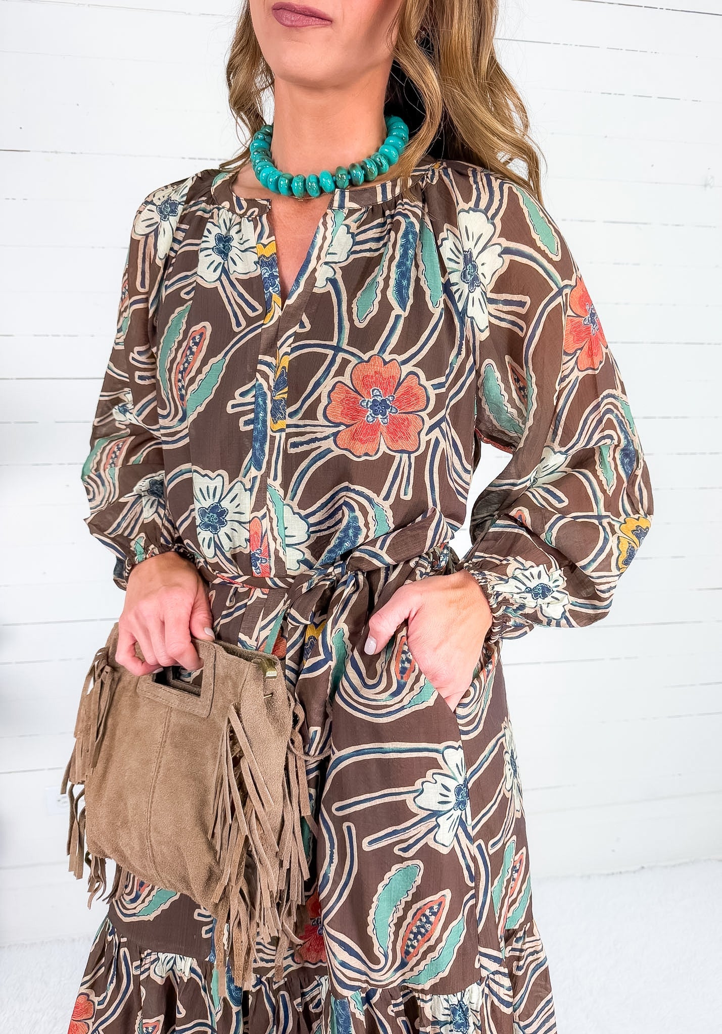 Opal Brown Stylized Floral Midi Dress THML
