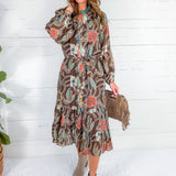 Opal Brown Stylized Floral Midi Dress THML