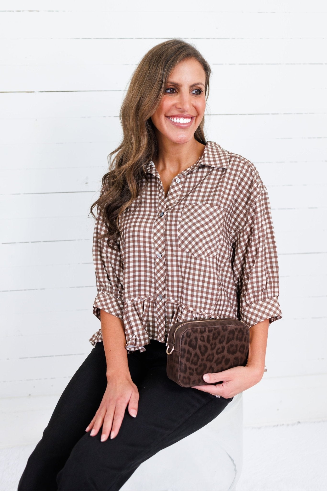 Oshkin Brown Gingham Flounce Hem Top Entro