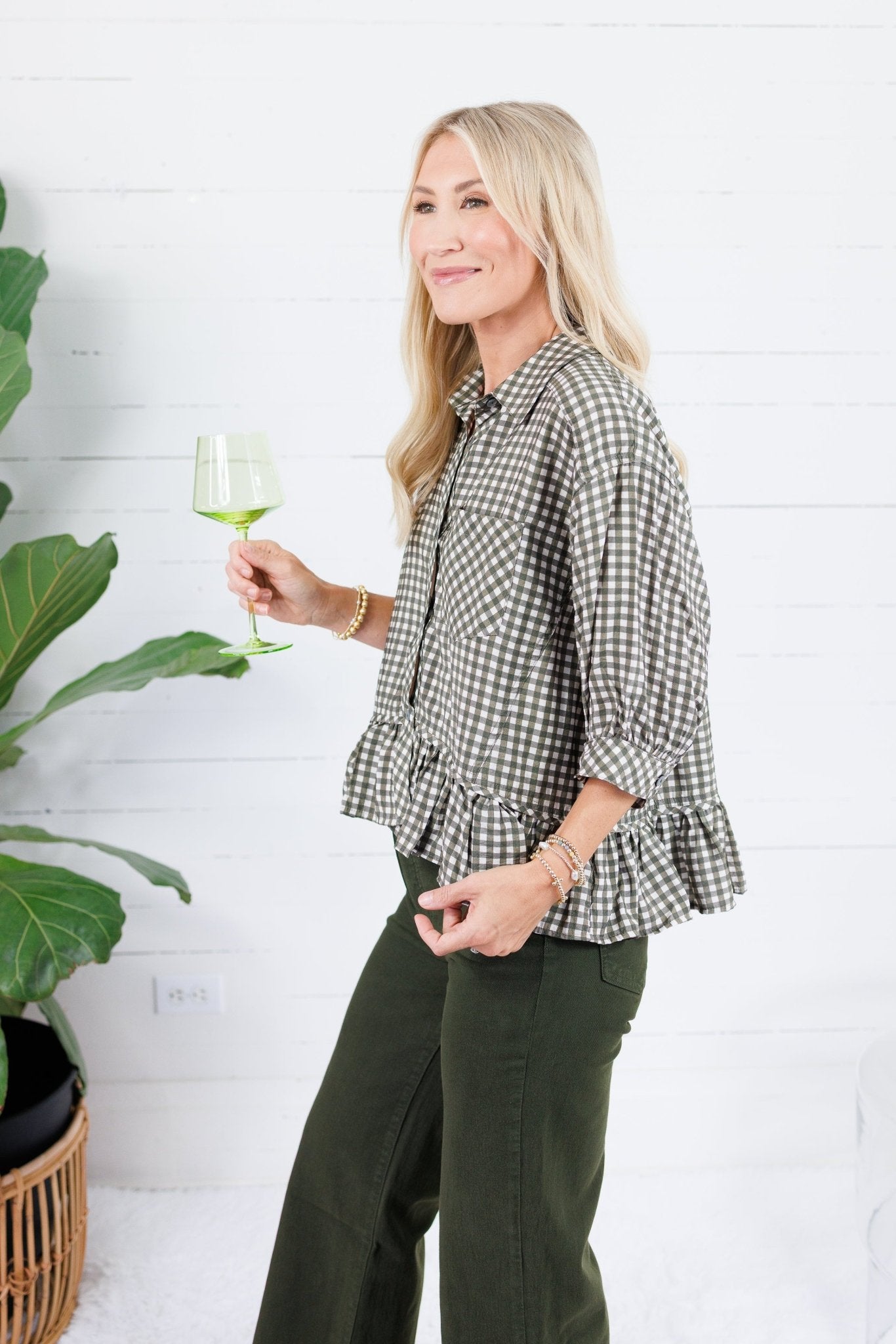 Oshkin Olive Gingham Flounce Hem Top Entro