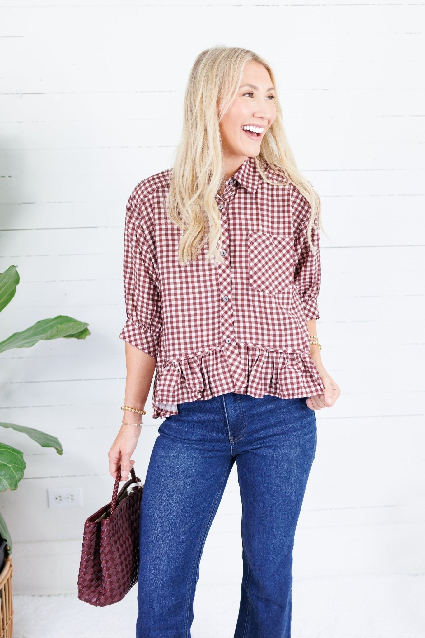 Oshkin Red Beans Gingham Flounce Hem Top Entro