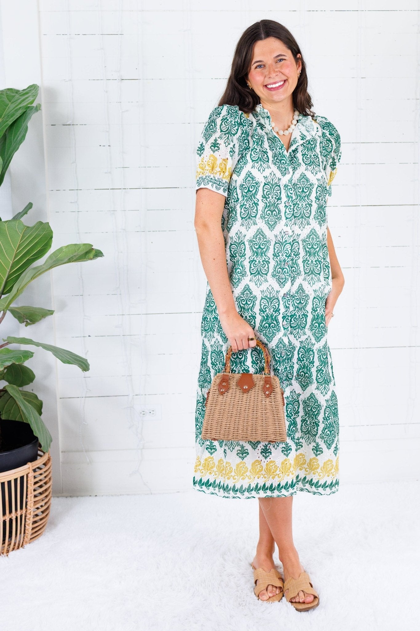 Parton Golden + Green Eyelet Dress