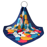 Colorful scarf with a pattern of abstract shapes on a white background