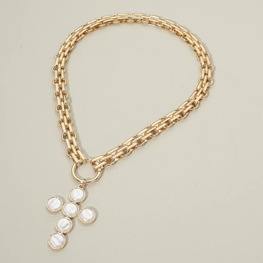 Pearl Cross + Chunky Gold Chain Necklace - A3 Accessories - Jewelry - Clover + Bee