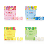 Five packages of Spongee bubble bits with colorful packaging on a white background