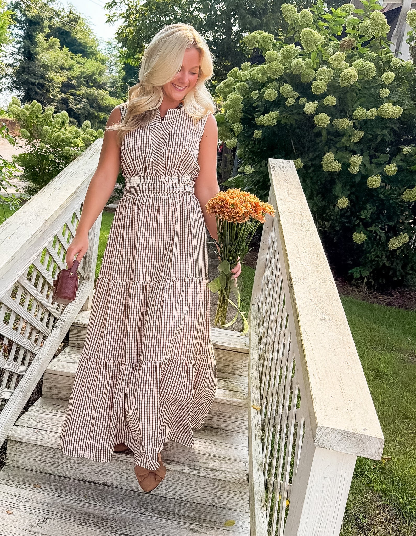 Peggy Brown Gingham Tiered Maxi Dress