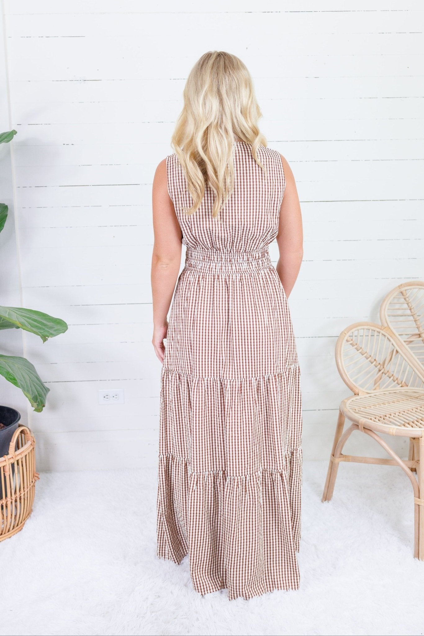 Peggy Brown Gingham Tiered Maxi Dress