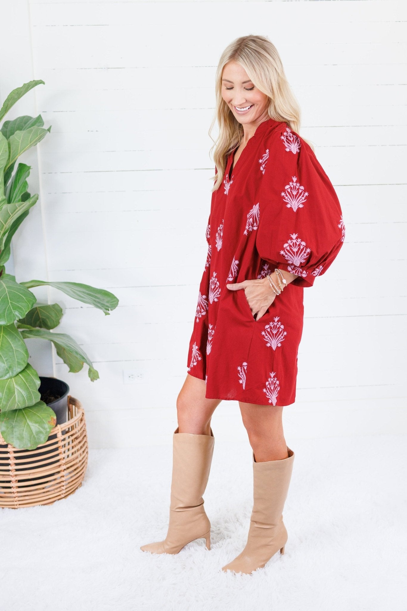 Peggy Merlot + Pink Florals Mini Dress Entro