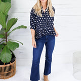 Perkins Navy Polka Dot Flounce Top Entro