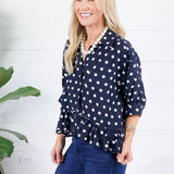 Perkins Navy Polka Dot Flounce Top Entro