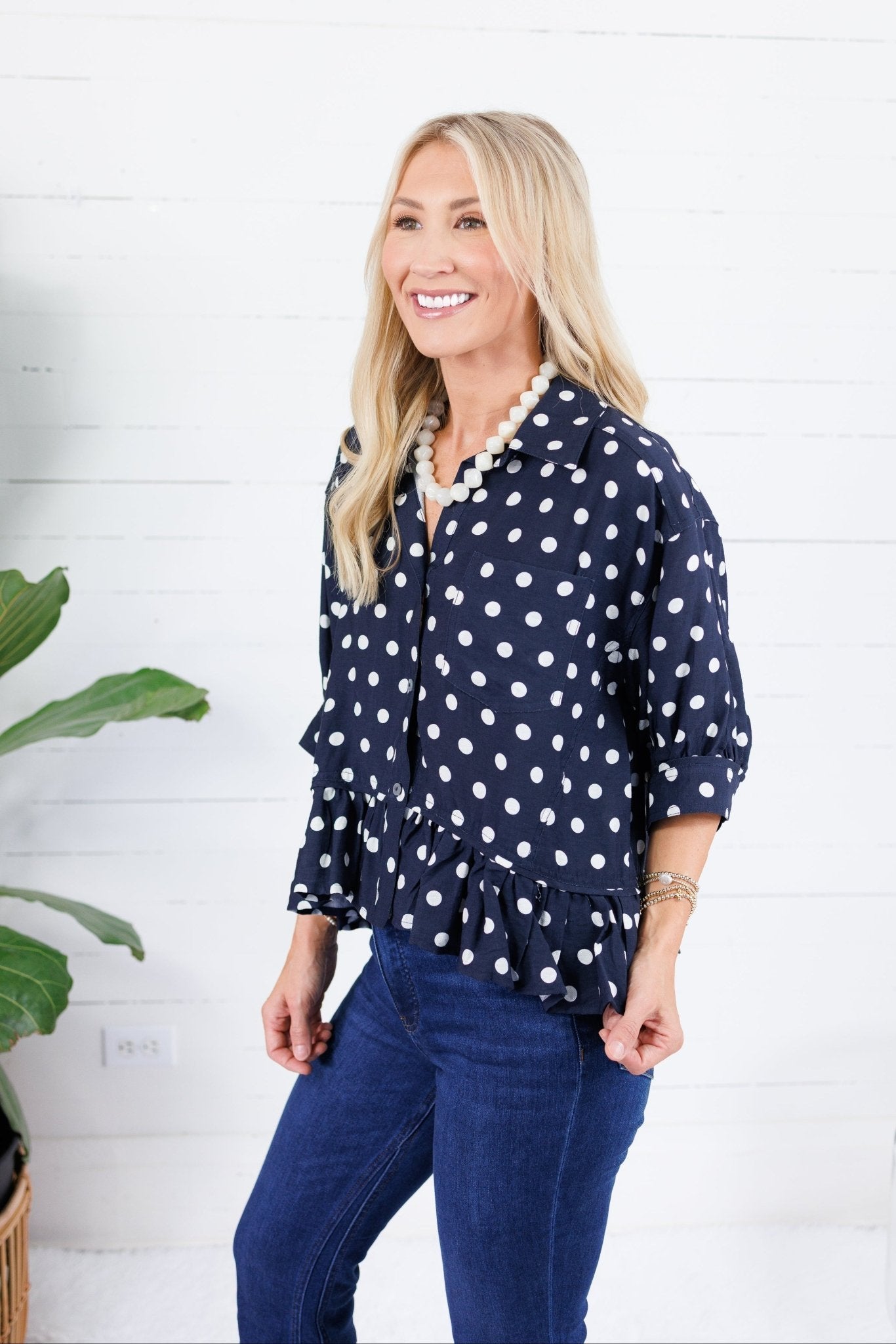 Perkins Navy Polka Dot Flounce Top Entro