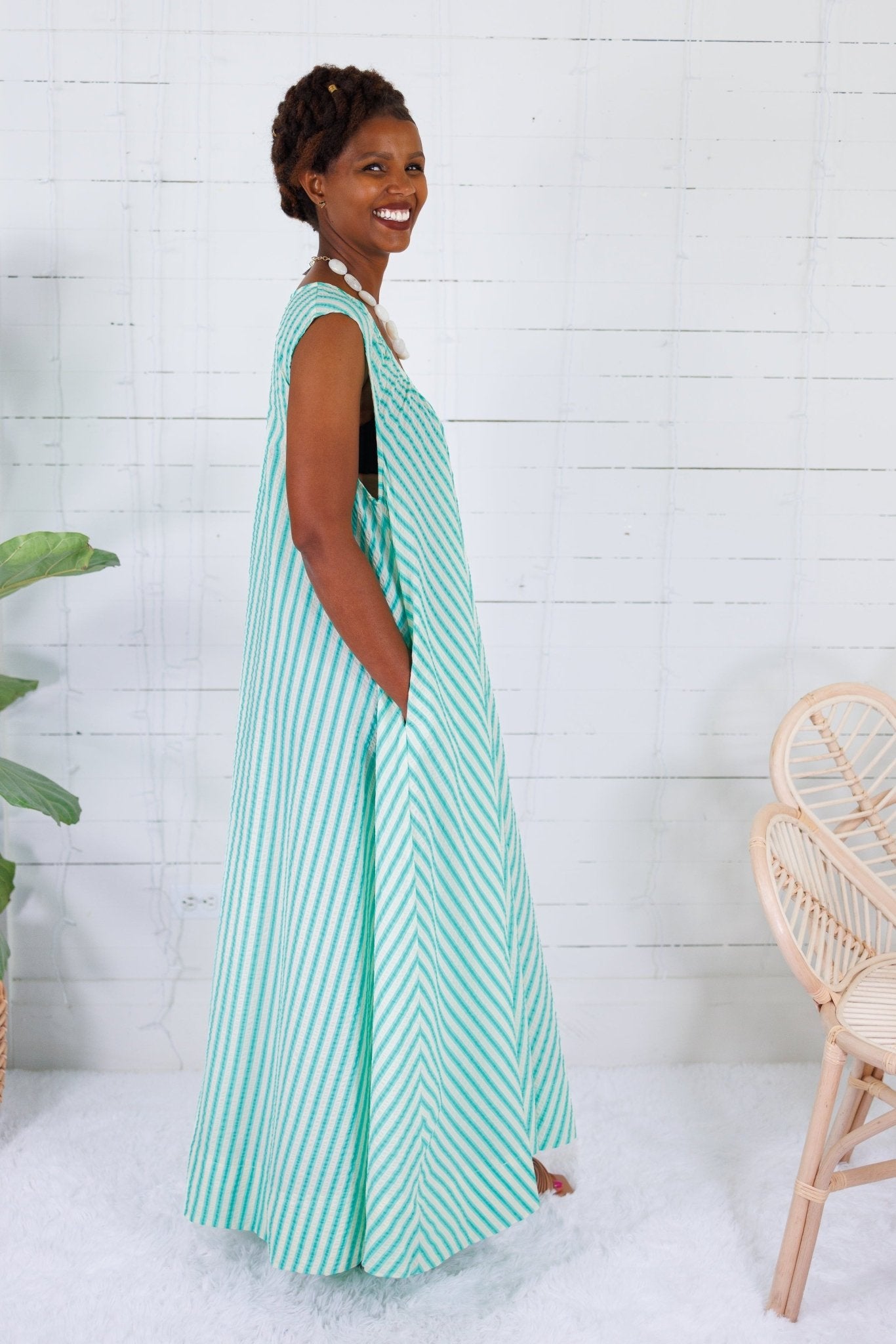 Poole Aqua Seersucker Stripe Scoop Maxi Dress Karlie