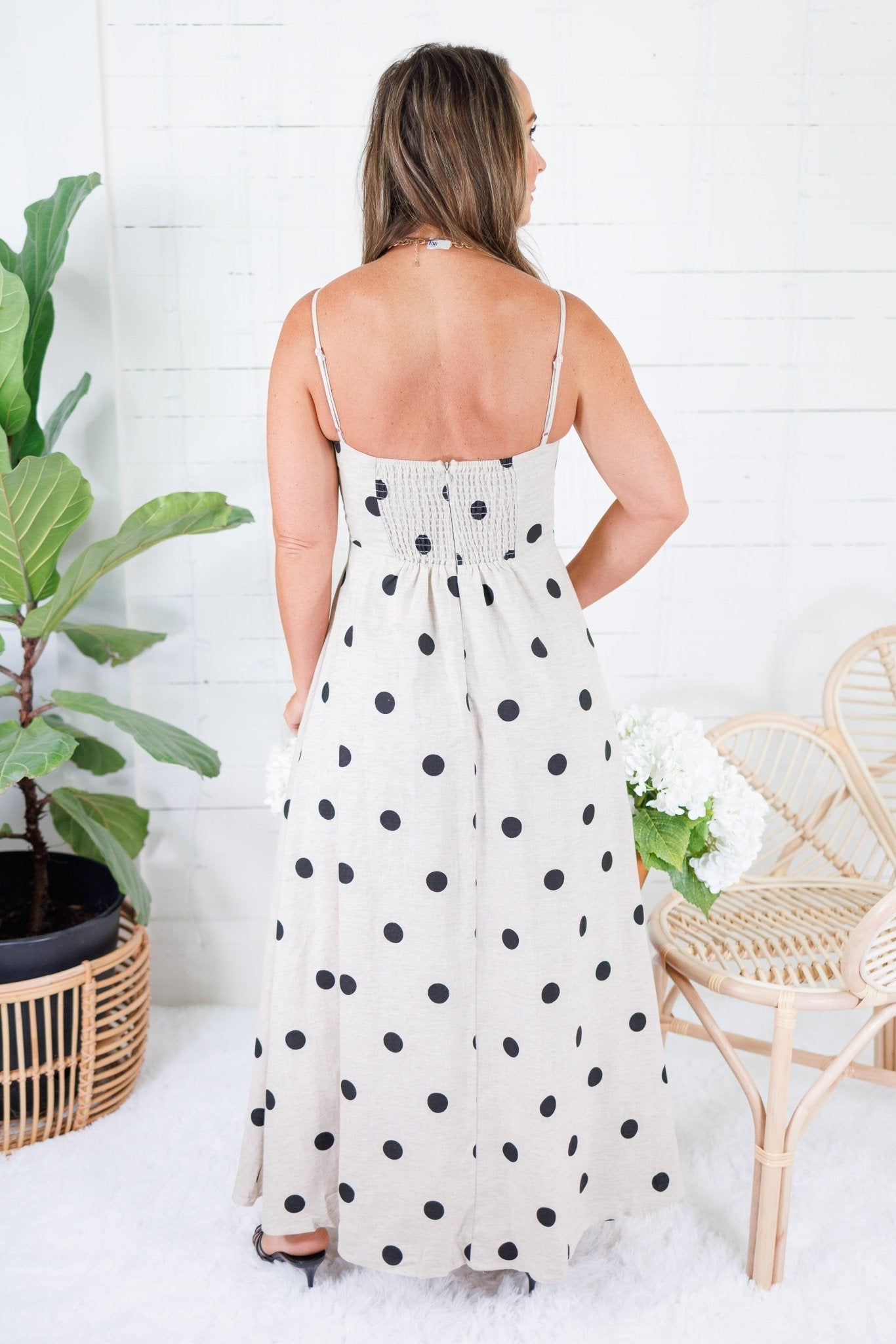 Portia Natural Linen Polka Dot Midi Dress 