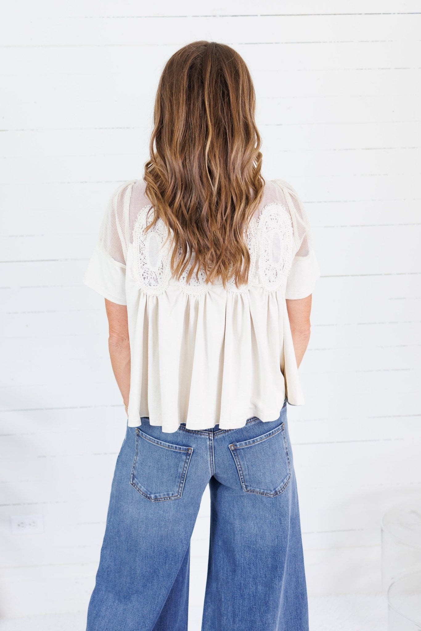 Poston Ivory Suede and Mesh Lace Top Fate