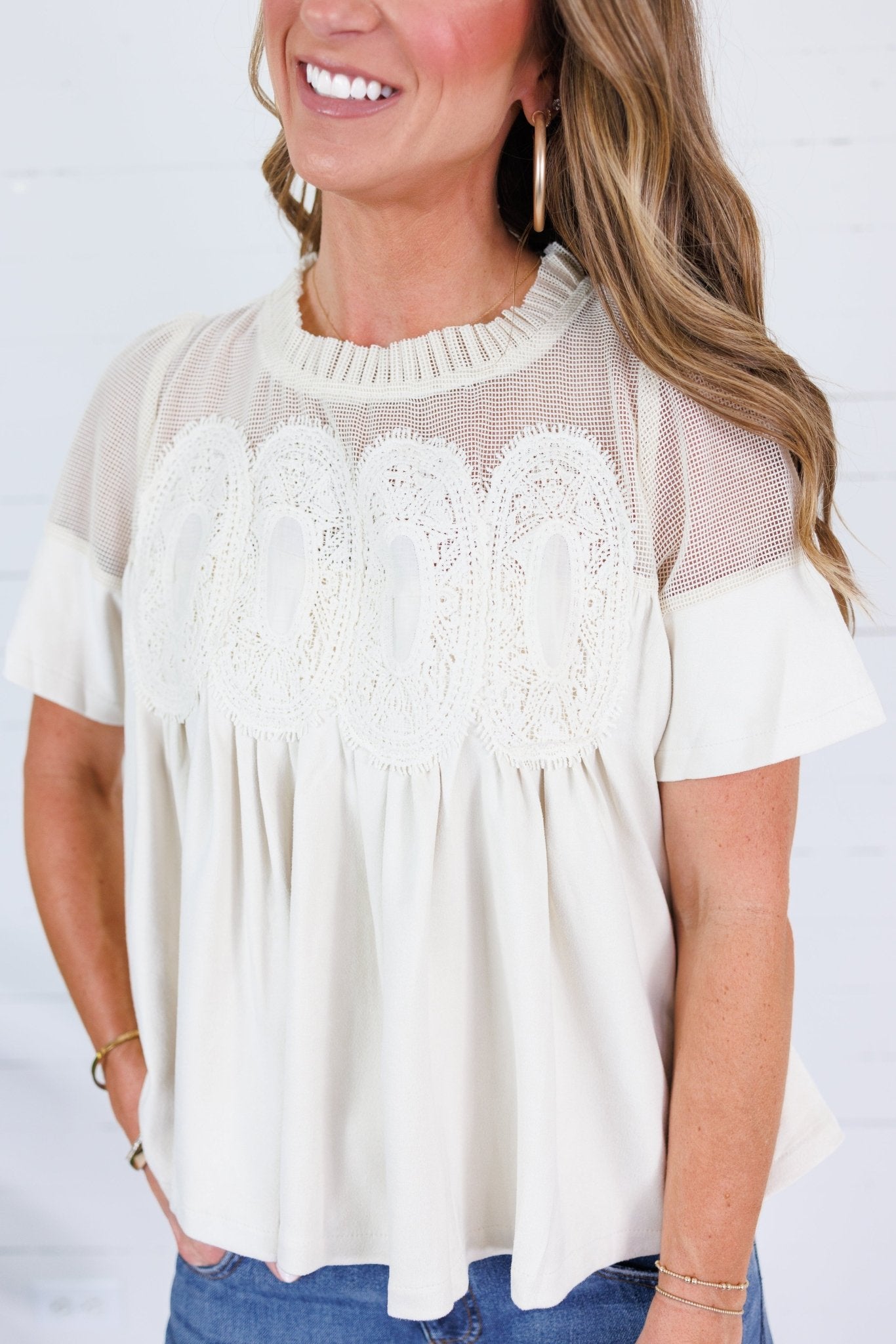 Poston Ivory Suede and Mesh Lace Top Fate