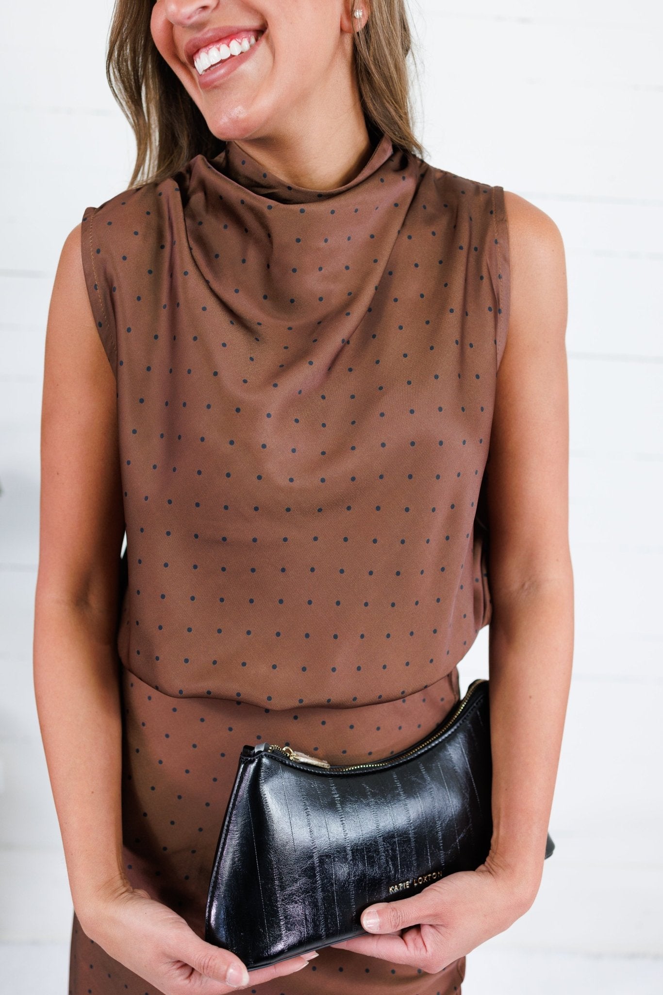 Pratt Mocha Mock Neck Polka Dot Top Glam