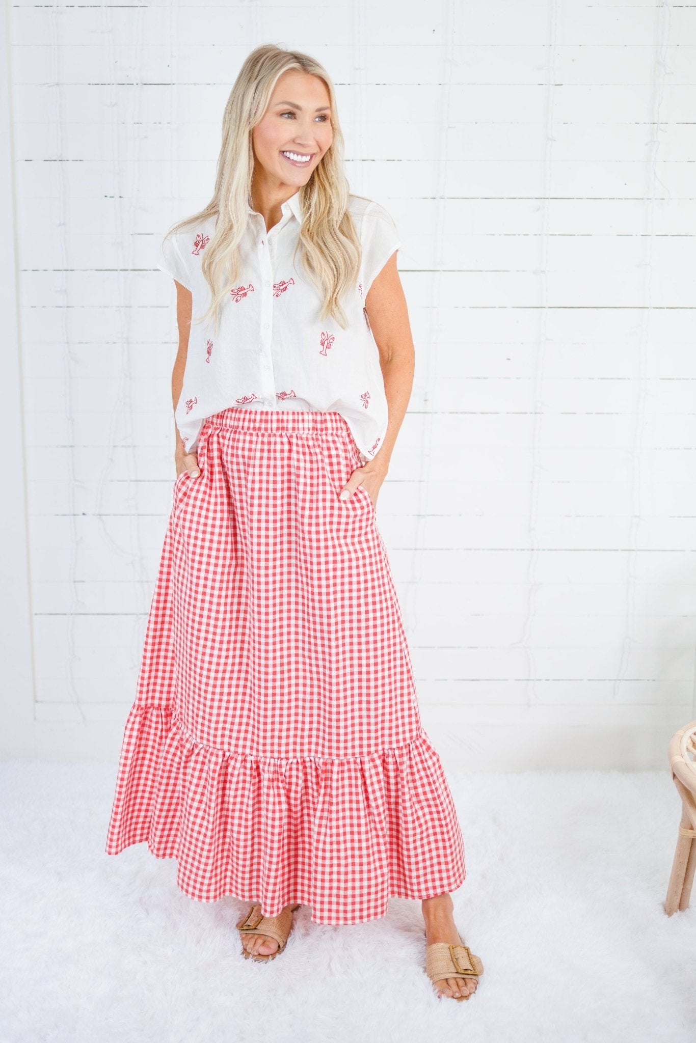 Presley Coral Gingham Maxi Skirt Compania Fantastica 