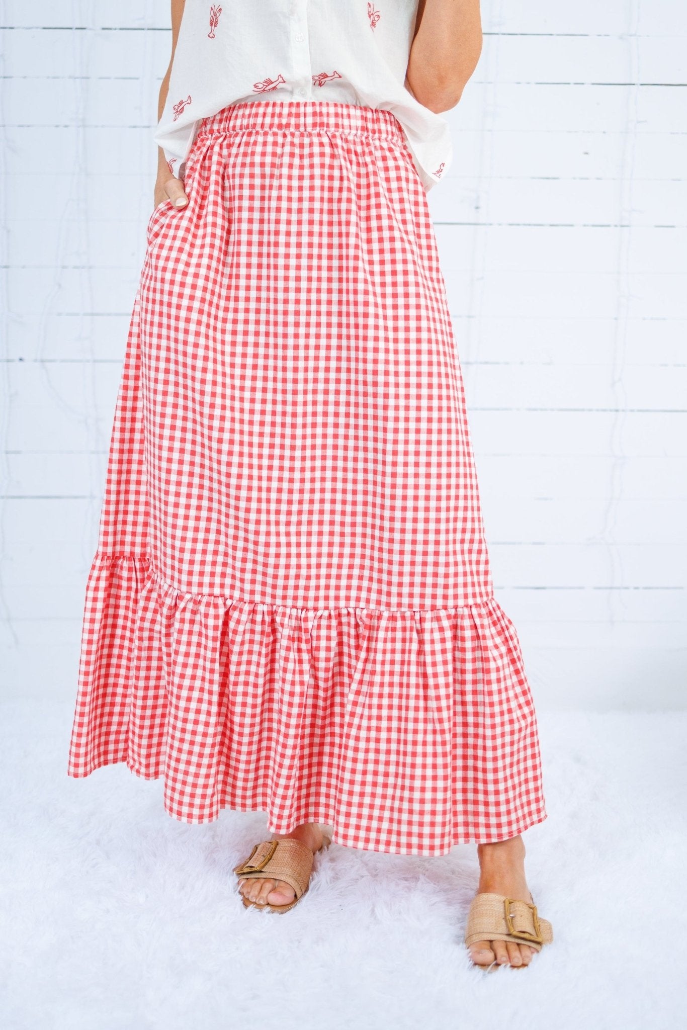 Presley Coral Gingham Maxi Skirt Compania Fantastica 