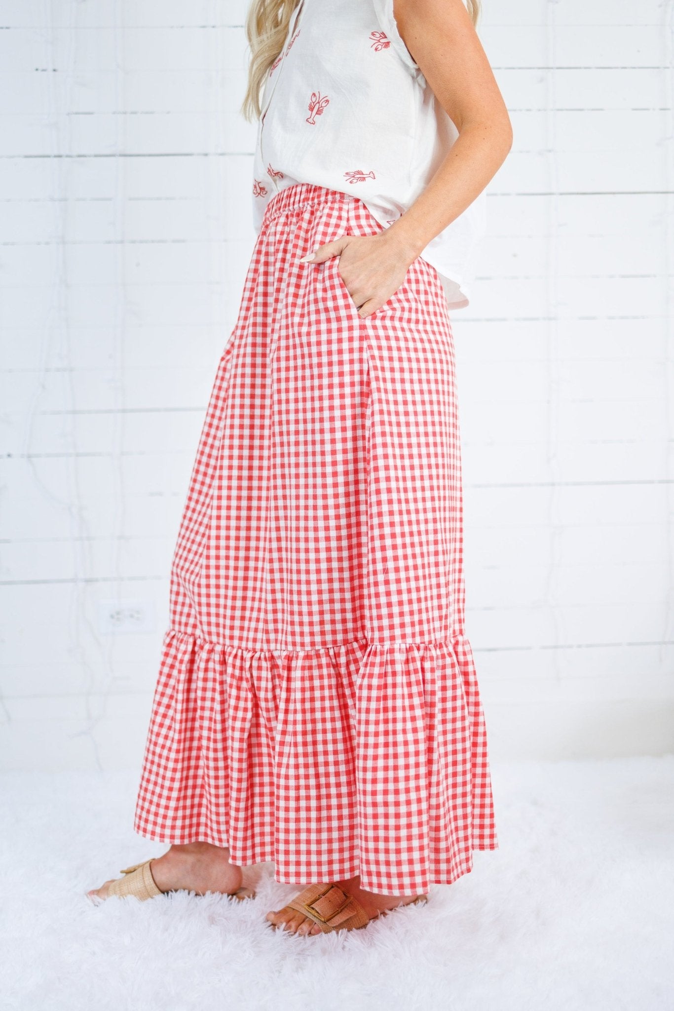 Presley Coral Gingham Maxi Skirt Compania Fantastica 