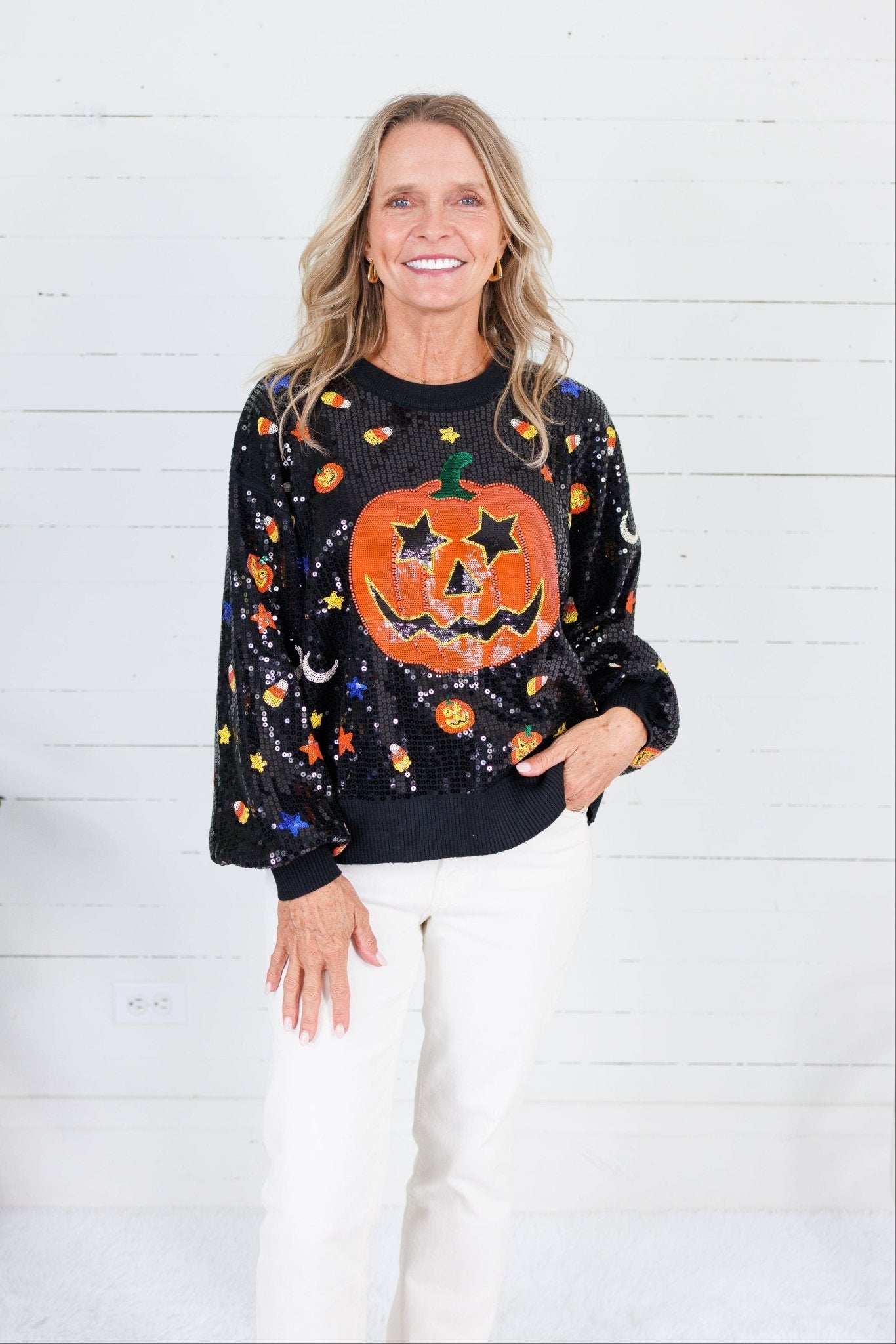 Queen of Sparkles Black Full Sequin Pumpkin Sweater