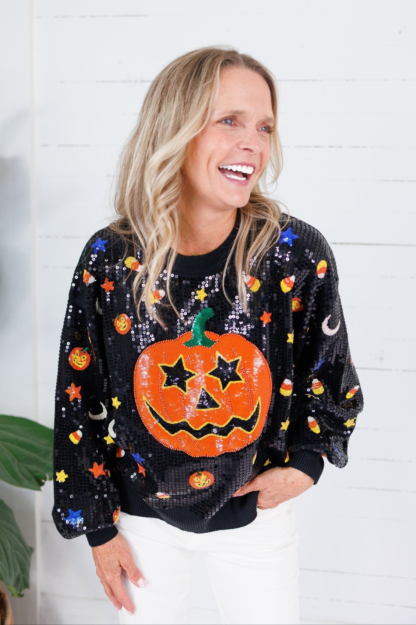 Queen of Sparkles Black Full Sequin Pumpkin Sweater