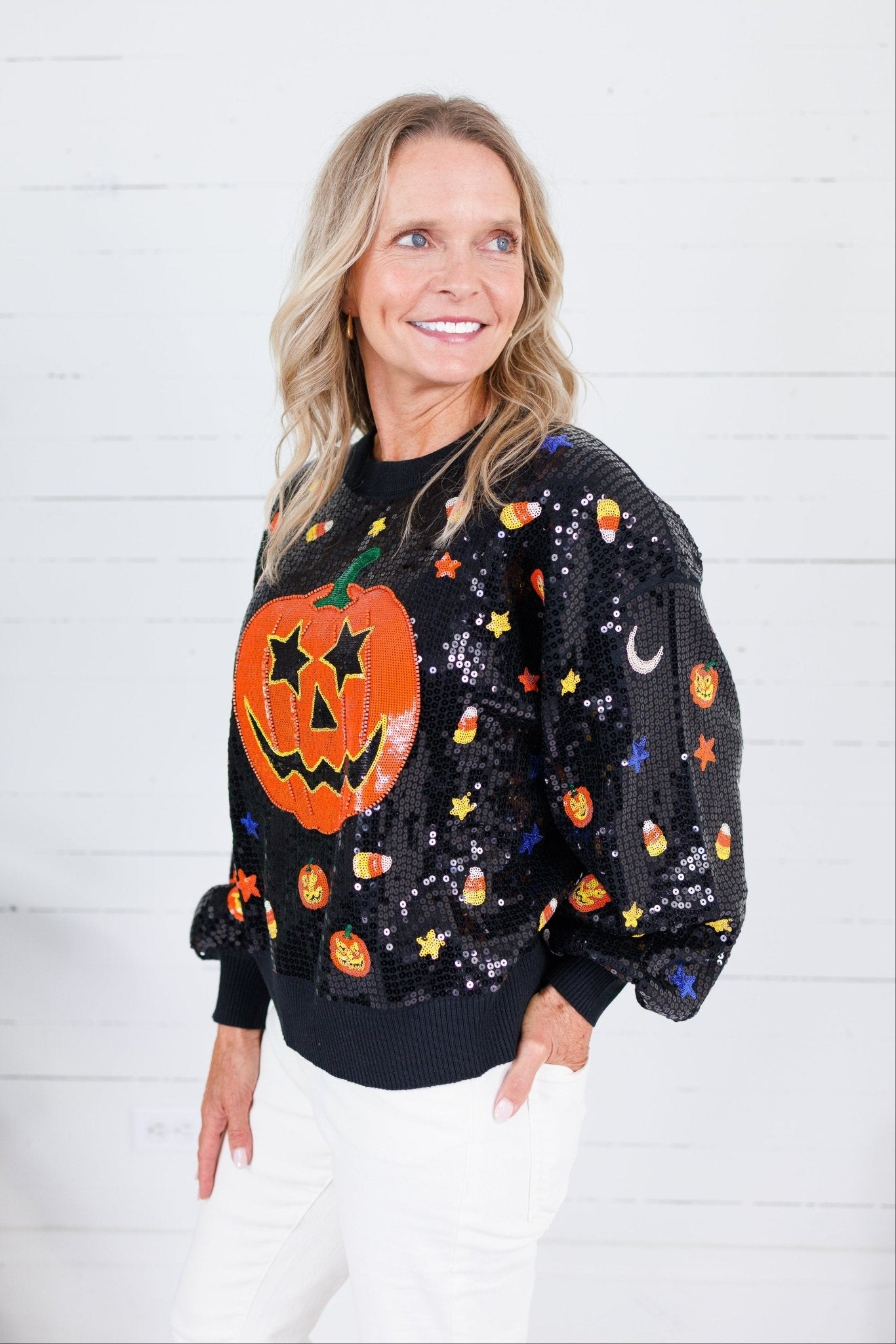Queen of Sparkles Black Full Sequin Pumpkin Sweater