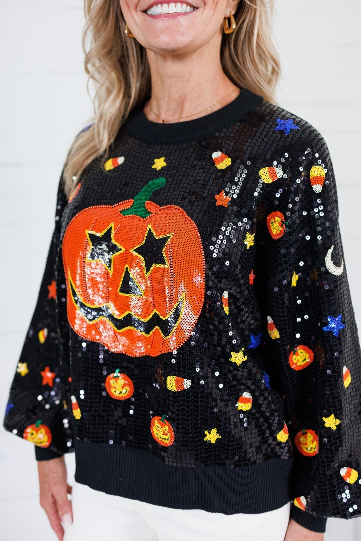 Queen of Sparkles Black Full Sequin Pumpkin Sweater