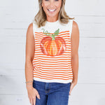 Queen of Sparkles Ivory + Orange Pumpkin Knit Tank Sweater