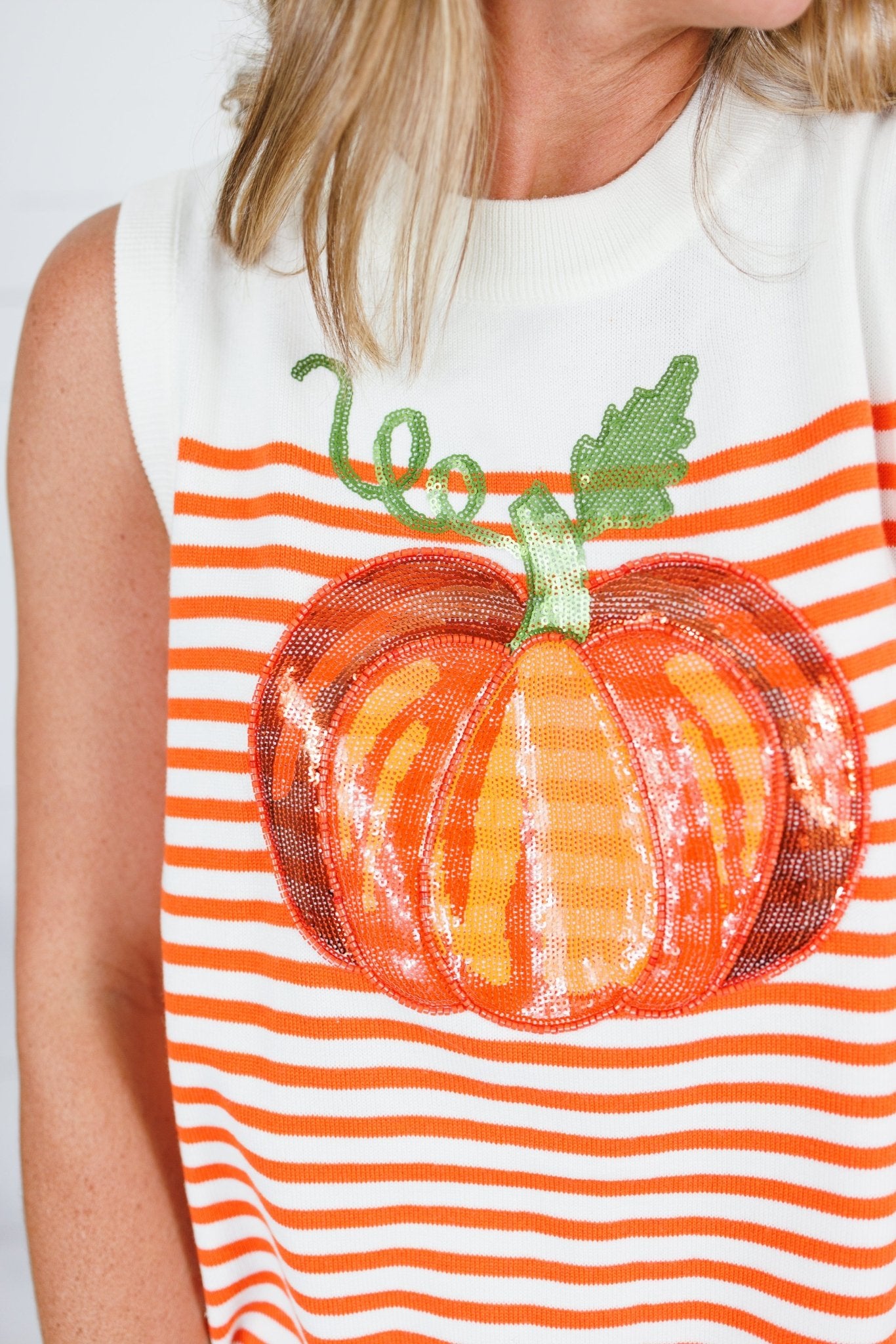 Queen of Sparkles Ivory + Orange Pumpkin Knit Tank Sweater
