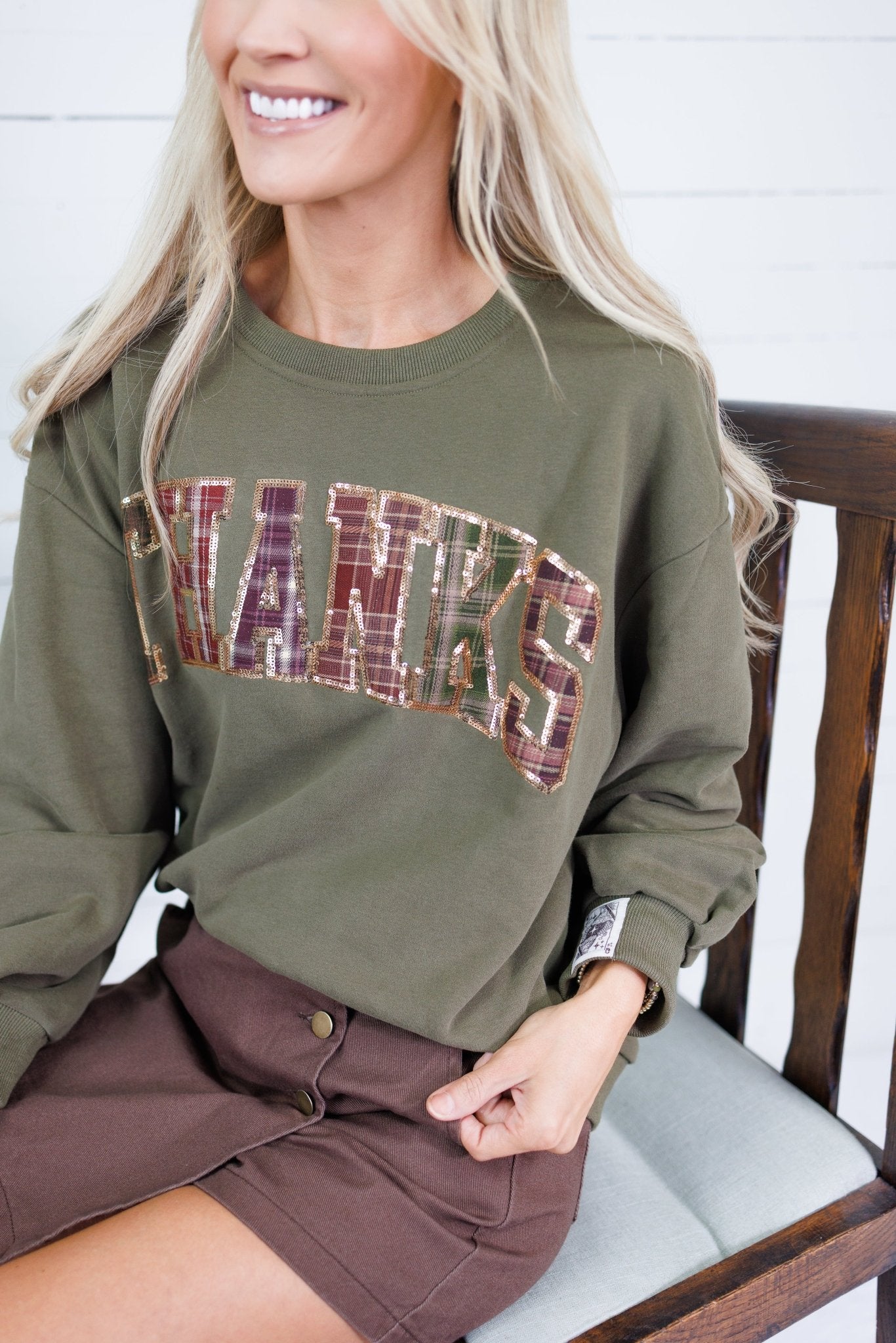 Queen of Sparkles Olive + Brown Plaid Thanks Sweatshirt